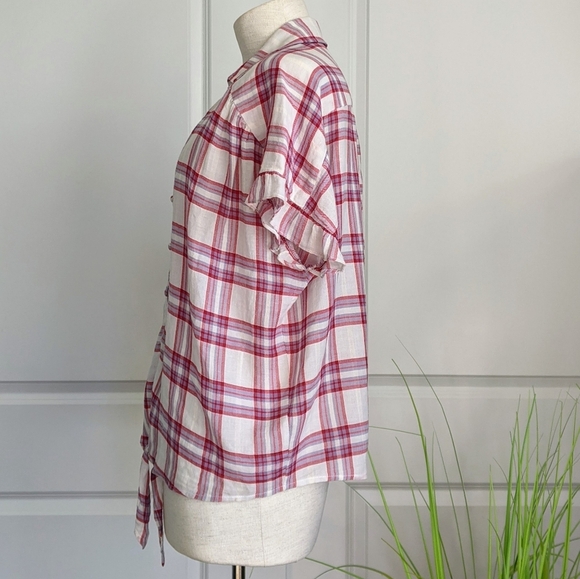 PAIGE Top Button Front Tie Split Neck Short Sleeve Plaid Cream Red Grey L NWT - Picture 8 of 14